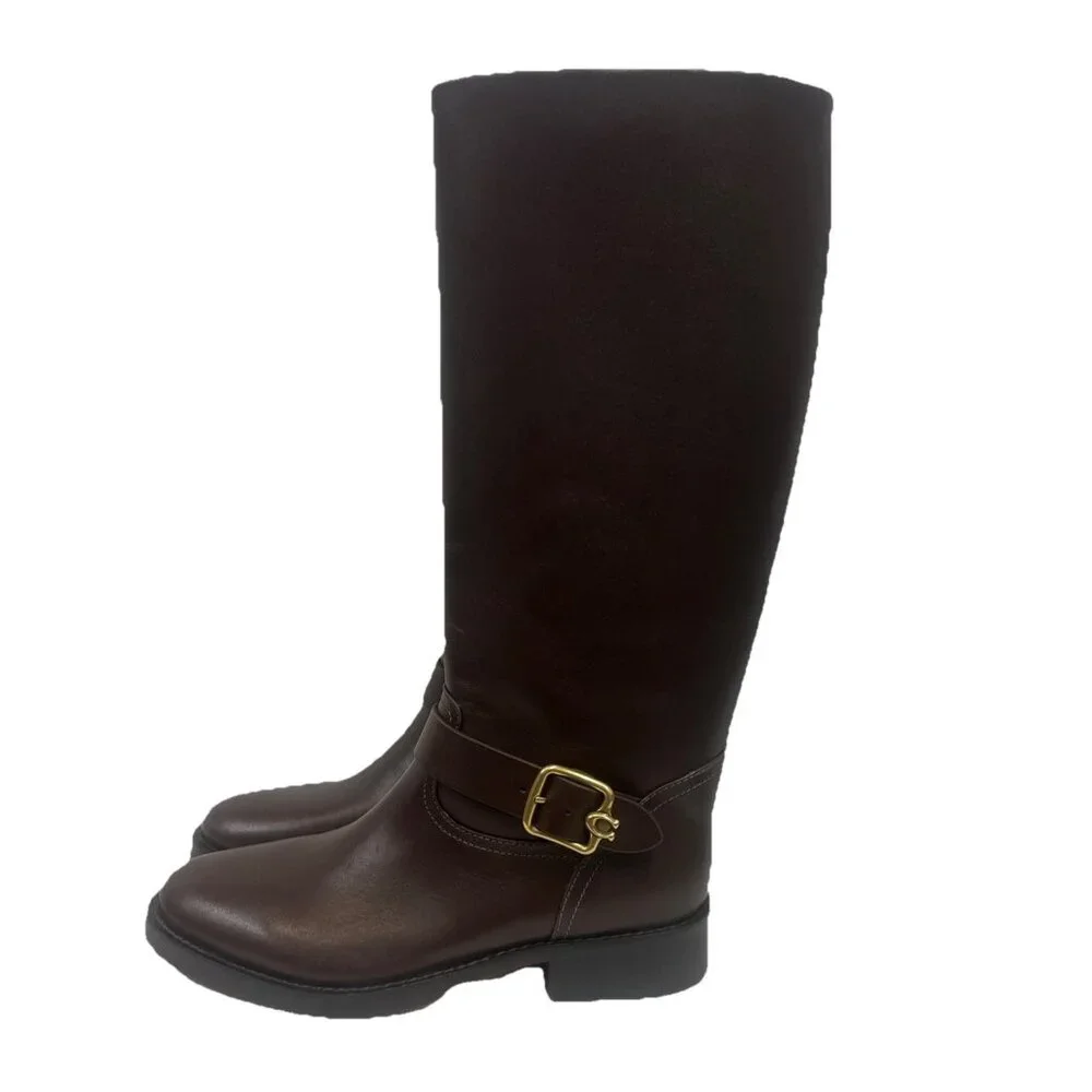 Coach Women’s 9.5 Madeline Buckle Tall Riding Boots Maple Brown Block Heel - Picture 1 of 11